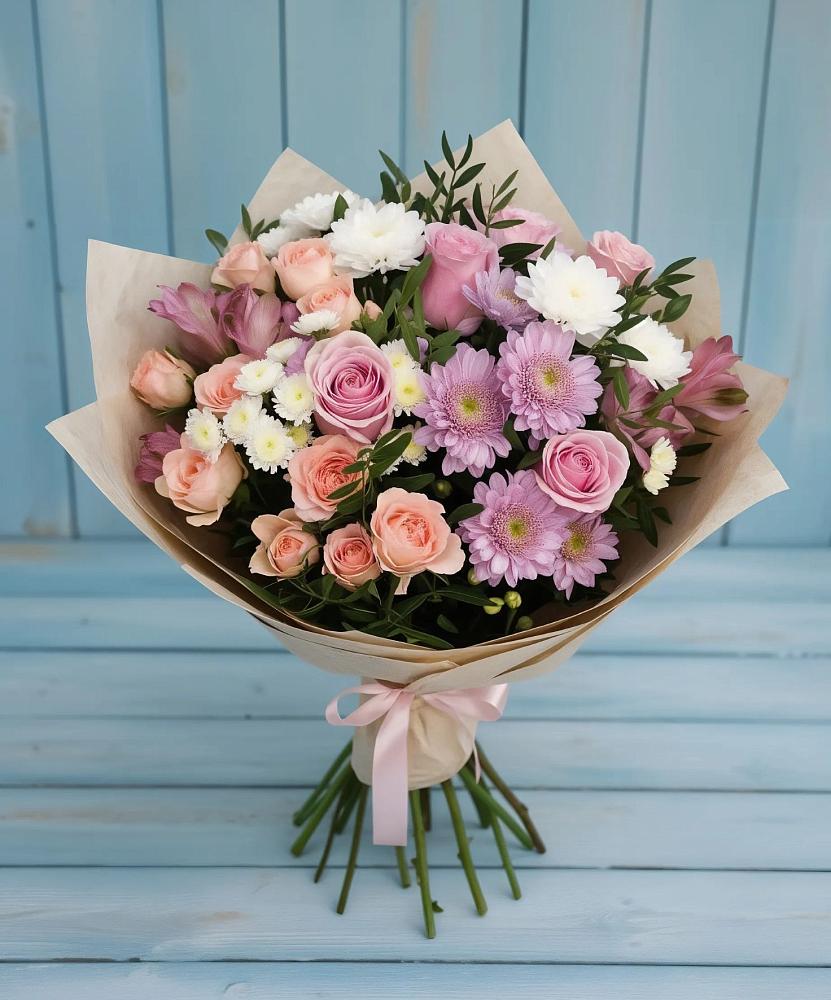 Букет цветов из: Хризантемы, Розы и Альстромерии в Турунтаево