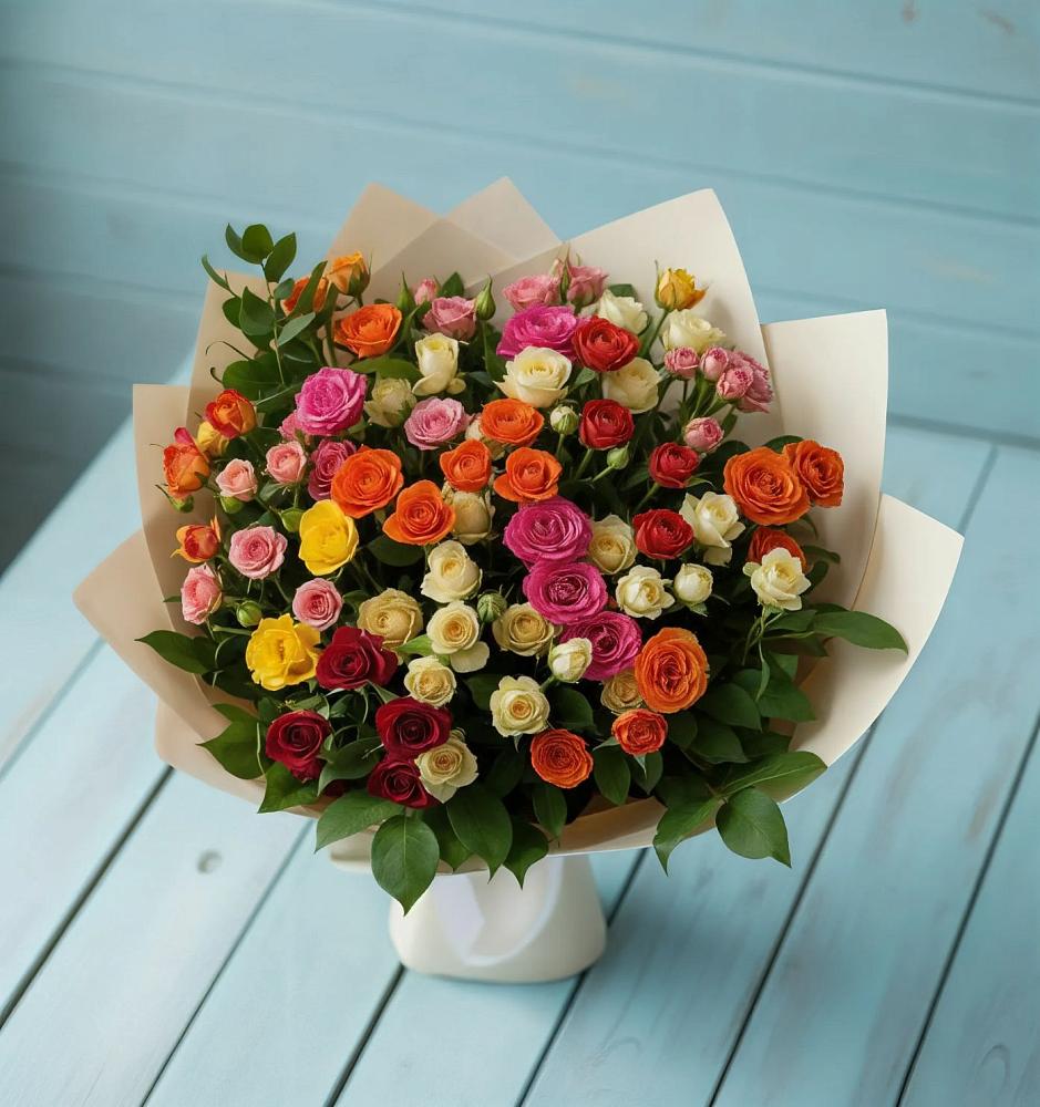 Букет Микс из разноцветных кустовых роз в Турунтаево